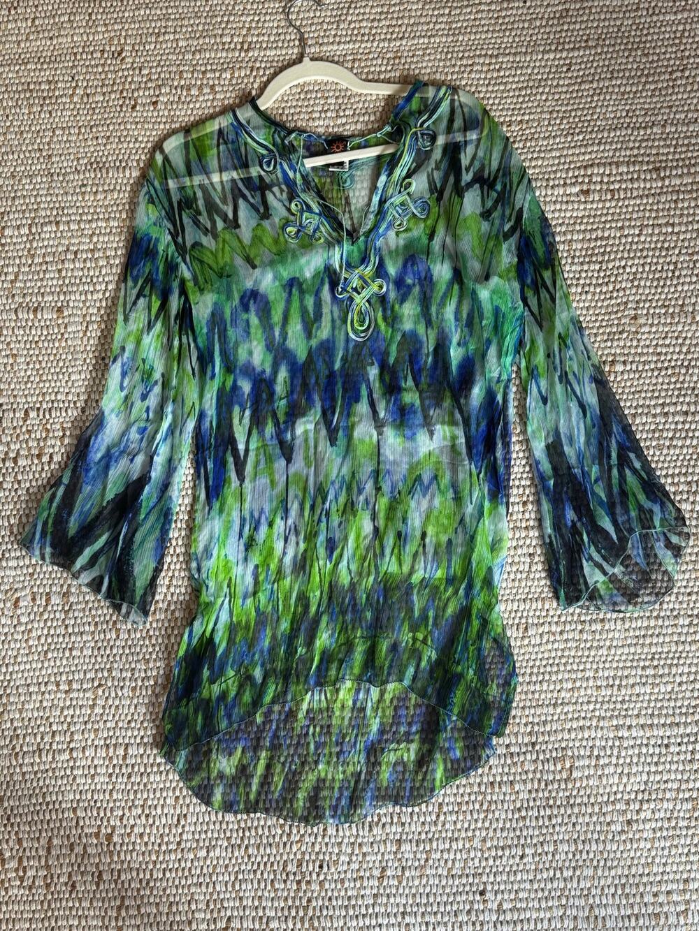 VTG Jean Paul Gaultier Soleil Silk Mesh Tunic Blouse Green Blue Abstract Sz S